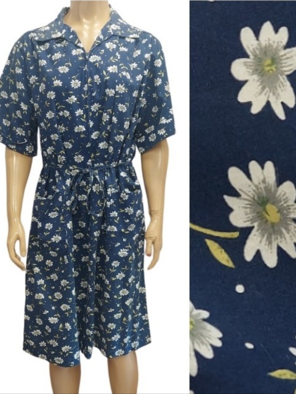 Vintage Granada Blue Floral Zip Front Pocketed Tie Waist Midi Shirt Dress